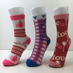 Womens Crew Socks Set 3 Valentines Print "I Love You" Heart Coffee Pink Red Blue